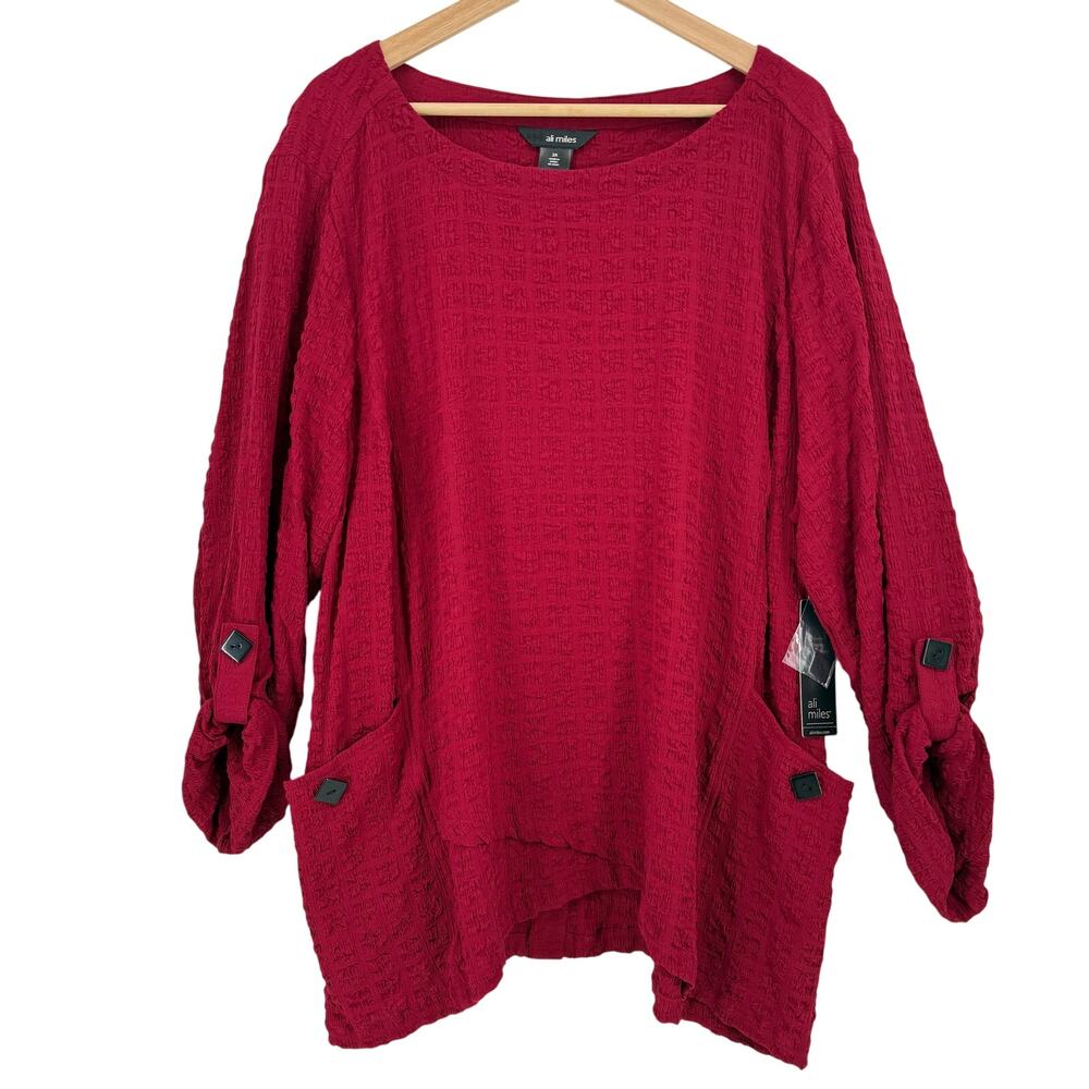 Ali Miles Dark Red Textured Tunic Top Plus Sz 2X Buttons Art To Wear Lagenlook